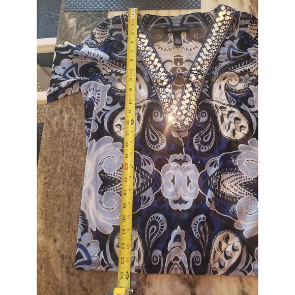 INC Blouse Women S Blue Paisley Sheer Sequins 3/4 Sleeves V Neck w/Camisole - Picture 16 of 16